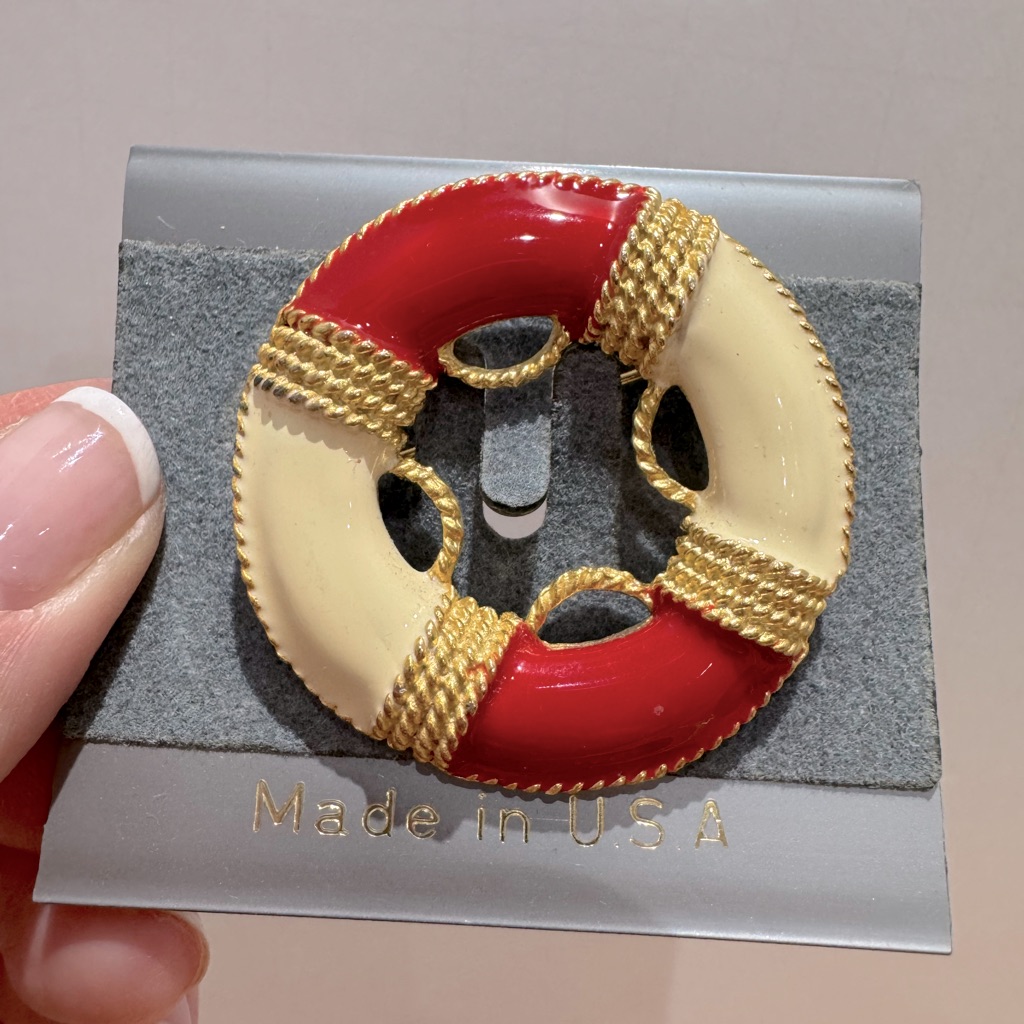 Vintage Red And Cream Enamel And Gold Tone Nautical Life Preserver Brooch